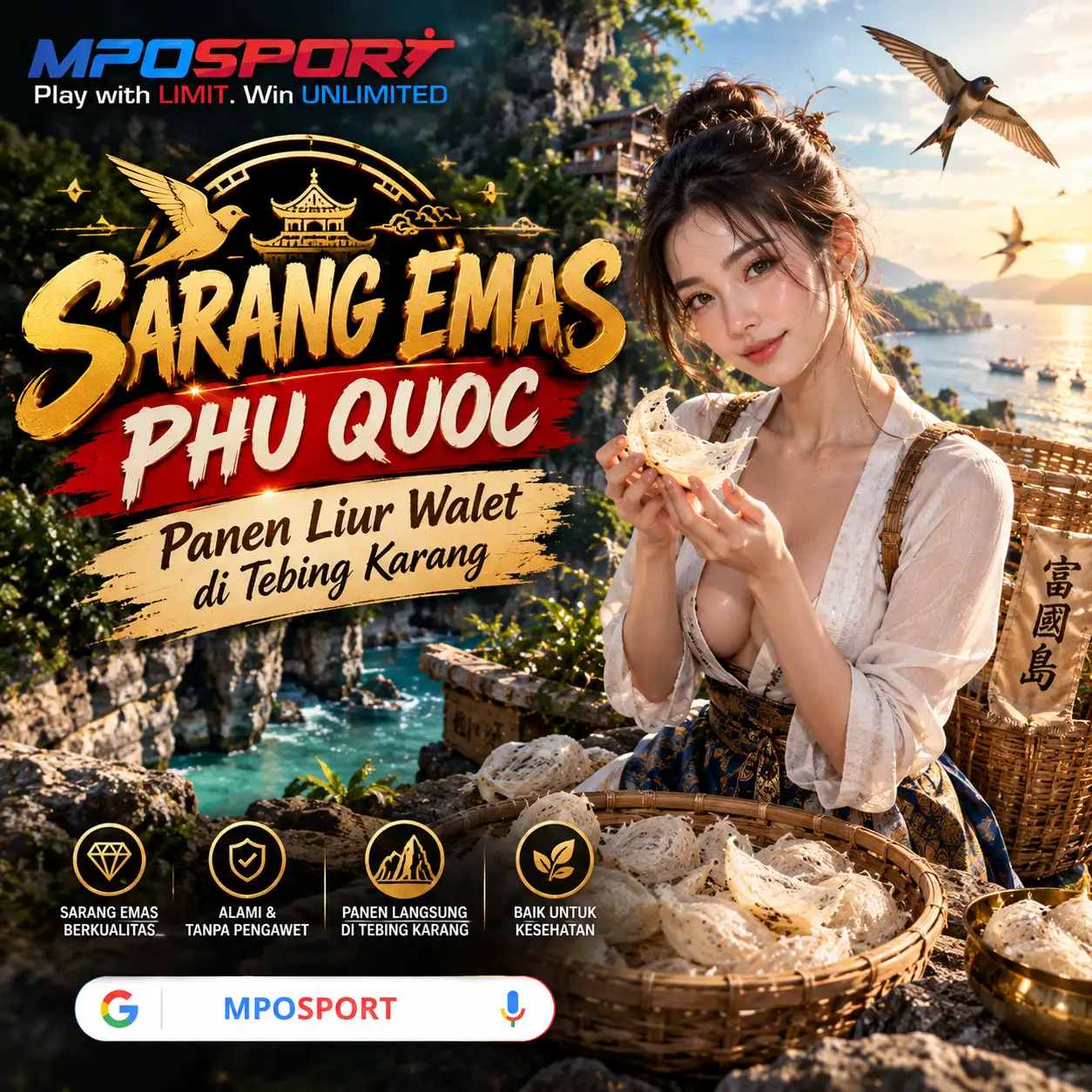 MPOSPORT Daftar: Sarang Emas Phu Quoc, Panen Liur Walet di Tebing Karang